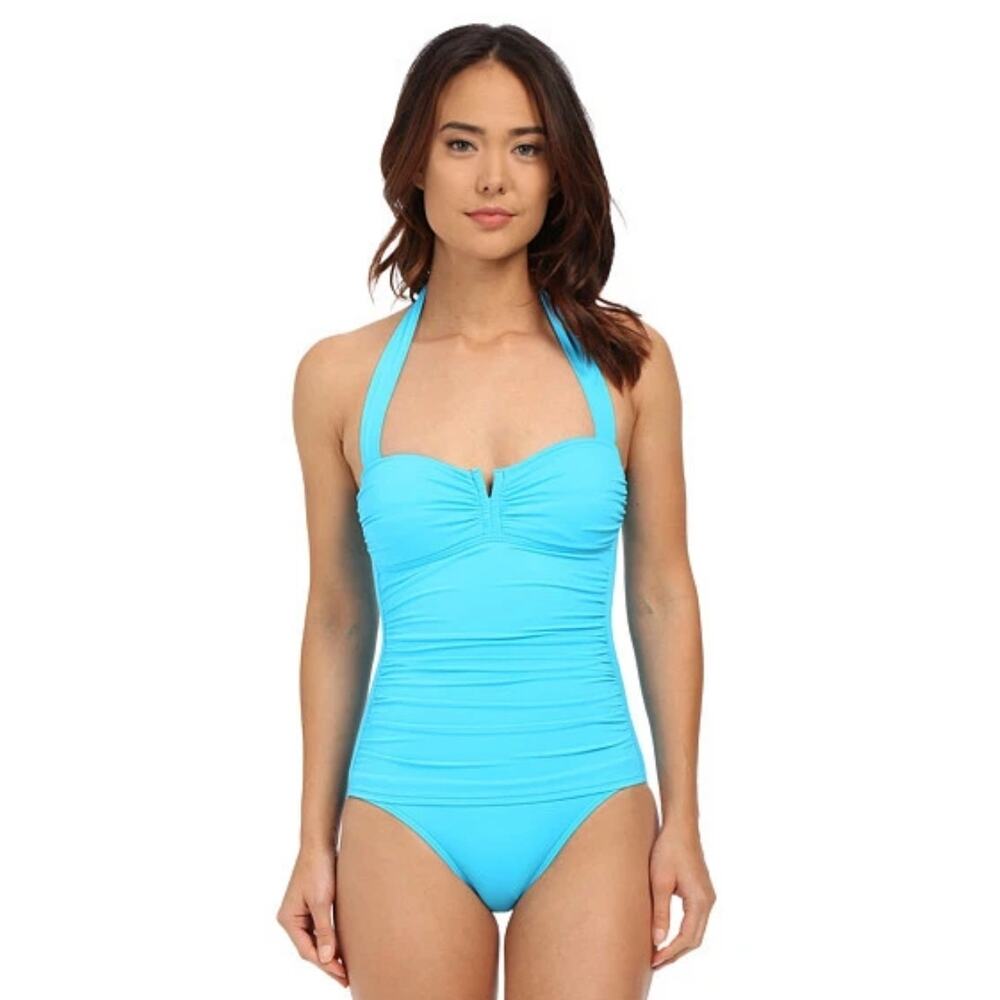 TOMMY BAHAMA PEARL SOLIDS V FRONT HALTER 1 PC SWIMSUIT POOL BLUE SZ 4 NEW! $130